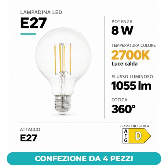 Eglo lampadina led e27 8w 2700k a globo trasparente 9,5cm a filamento confezione da 4 pezzi