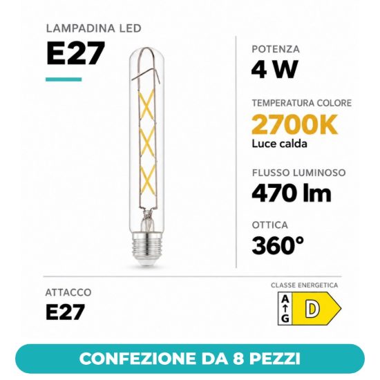Eglo lampadina led e27 4w 2700k tubolare trasparente a filamento confezione da 8 pezzi
