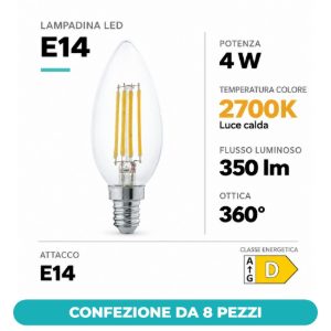 Eglo lampadina led e14 4w 2700k a candela trasparente h9,8cm a filamento confezione da 8 pezzi