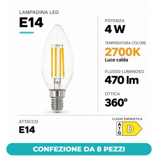 Eglo lampadina led e14 4w 2700k a candela trasparente h12cm a filamento equivalente 40w confezione da 8 pezzi