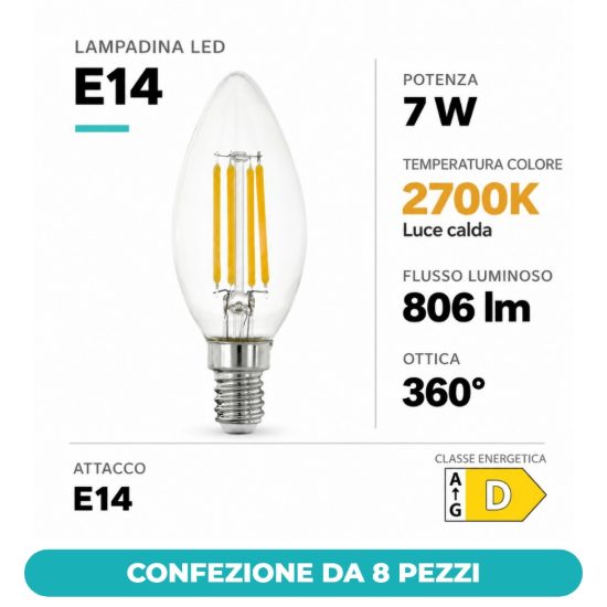 Eglo lampadina led e14 7w 2700k a candela trasparente h9,8cm a filamento confezione da 8 pezzi