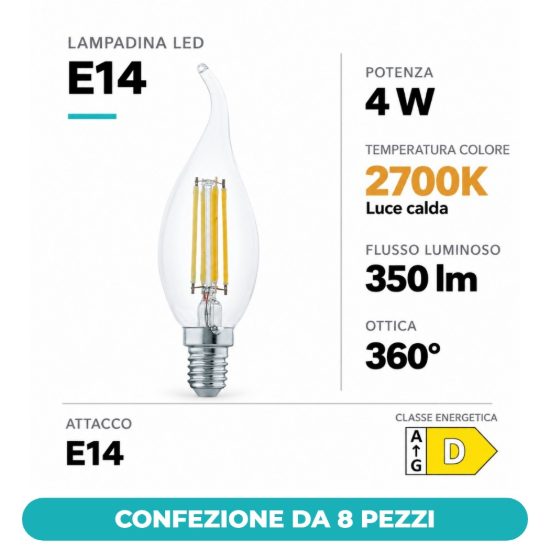 Eglo lampadina led e14 4w 2700k a candela trasparente h12cm a filamento equivalente 32w confezione da 8 pezzi