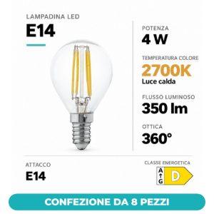 Eglo lampadina led e14 4w 2700k a sfera trasparente a filamento equivalente 32w confezione da 8 pezzi