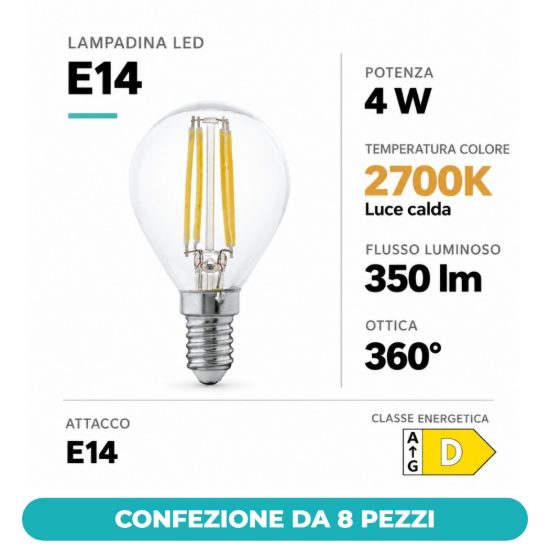 Eglo lampadina led e14 4w 2700k a sfera trasparente a filamento equivalente 32w confezione da 8 pezzi