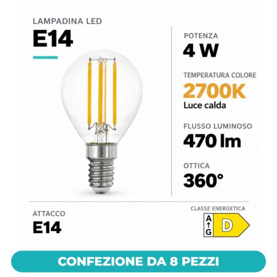 Eglo lampadina led e14 4w 2700k a sfera trasparente a filamento equivalente 40w confezione da 8 pezzi