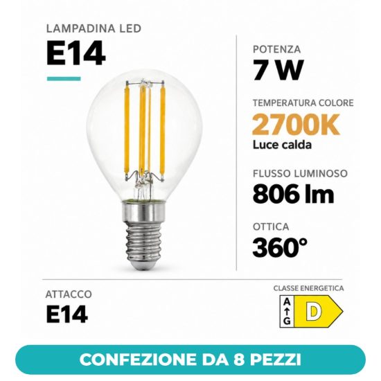 Eglo lampadina led e14 7w 2700k a sfera trasparente a filamento confezione da 8 pezzi