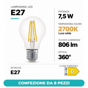 Eglo lampadina led e27 7,5w 2700k a goccia trasparente a filamento dimmerabile confezione da 8 pezzi