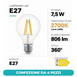 Eglo lampadina led e27 7,5w 2700k a globo trasparente 8cm a filamento dimmerabile confezione da 4 pezzi