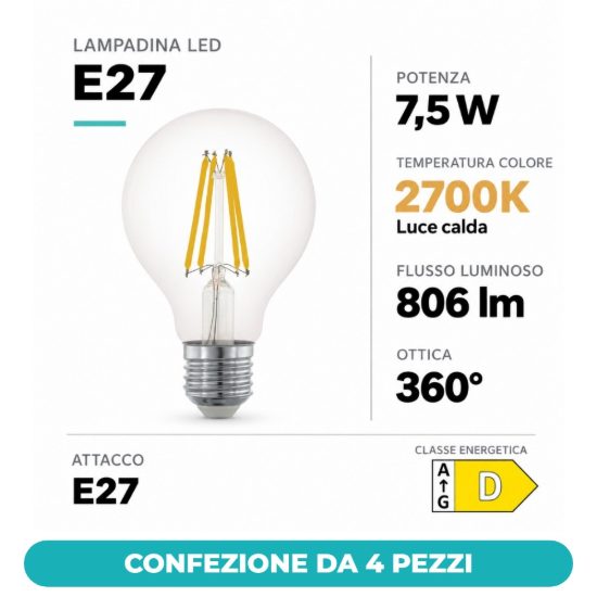 Eglo lampadina led e27 7,5w 2700k a globo trasparente 8cm a filamento dimmerabile confezione da 4 pezzi