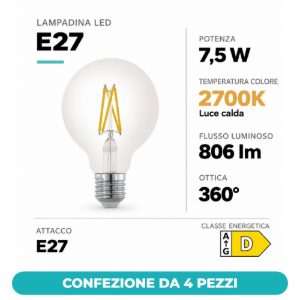 Eglo lampadina led e27 7,5w 2700k a globo trasparente 9,5cm a filamento dimmerabile confezione da 4 pezzi