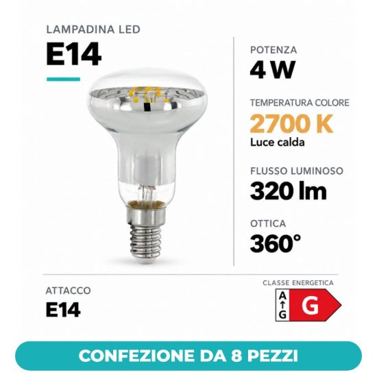 Eglo lampadina led e14 4w 2700k a riflettore trasparente a filamento dimmerabile confezione da 8 pezzi