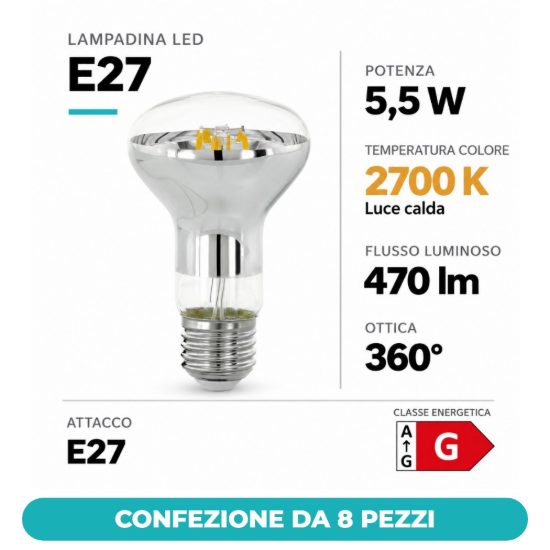 Eglo lampadina led e27 5,5w 2700k a riflettore trasparente a filamento dimmerabile confezione da 8 pezzi