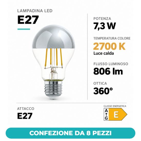 Eglo lampadina led e27 7,3w 2700k a goccia trasparente e cromata a filamento confezione da 8 pezzi
