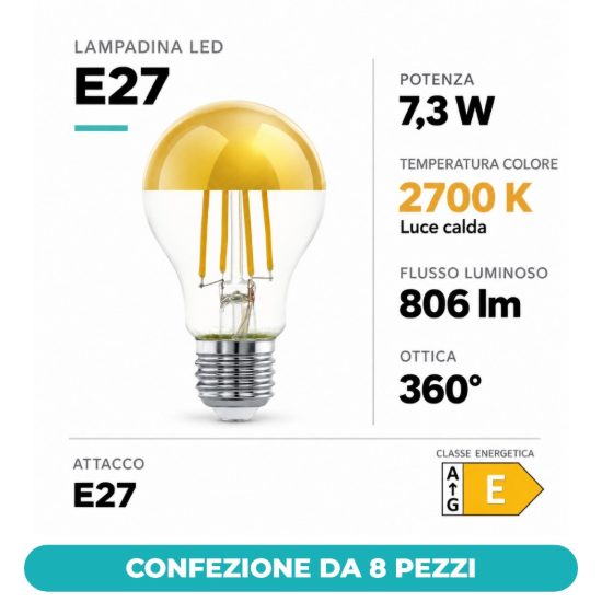 Eglo lampadina led e27 7,3w 2700k a goccia trasparente e oro a filamento confezione da 8 pezzi