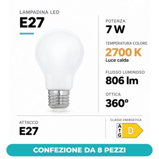 Eglo lampadina led e27 7w 2700k a goccia opalina confezione da 8 pezzi