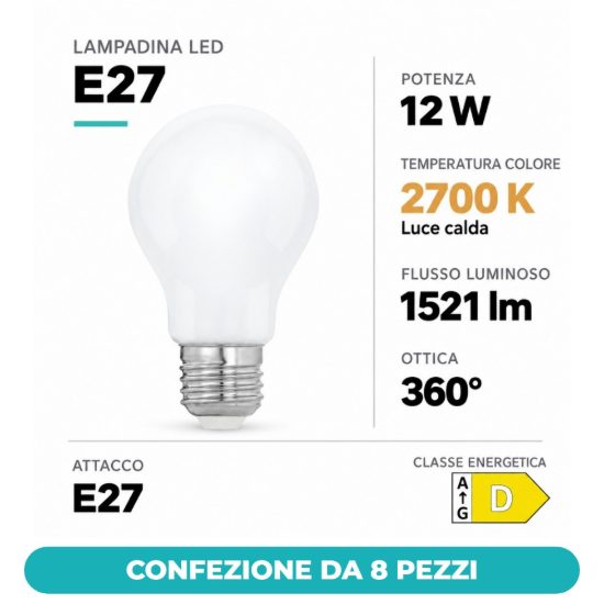 Eglo lampadina led e27 12w 2700k a goccia opalina confezione da 8 pezzi