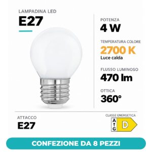 Eglo lampadina led e27 4w 2700k a globo opalina 4,5cm confezione da 8 pezzi