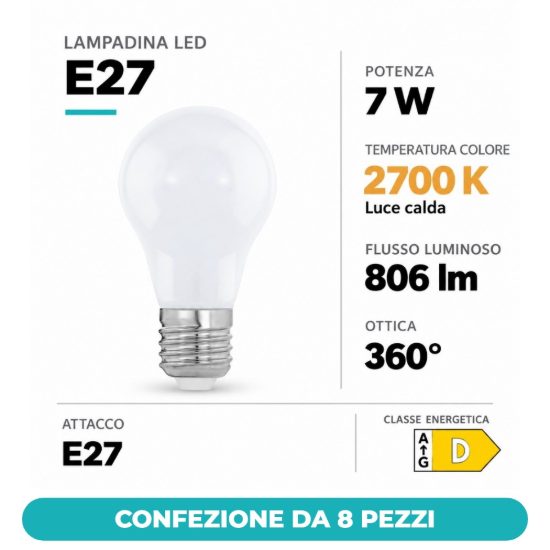 Eglo lampadina led e27 7w 2700k a globo opalina 4,5cm confezione da 8 pezzi
