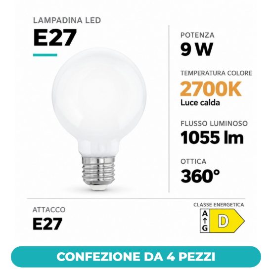 Eglo lampadina led e27 9w 2700k a globo opalina 8cm confezione da 4 pezzi