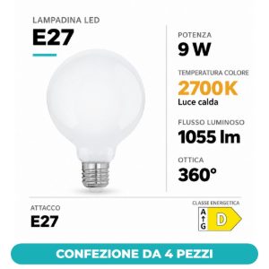 Eglo lampadina led e27 9w 2700k a globo opalina 9,5cm confezione da 4 pezzi