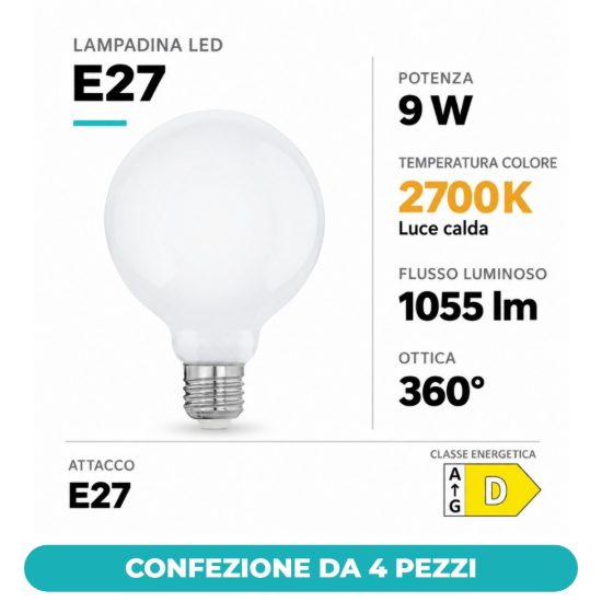 Eglo lampadina led e27 9w 2700k a globo opalina 9,5cm confezione da 4 pezzi