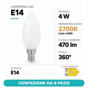 Eglo lampadina led e14 4w 2700k a candela opalina h9,8cm confezione da 8 pezzi