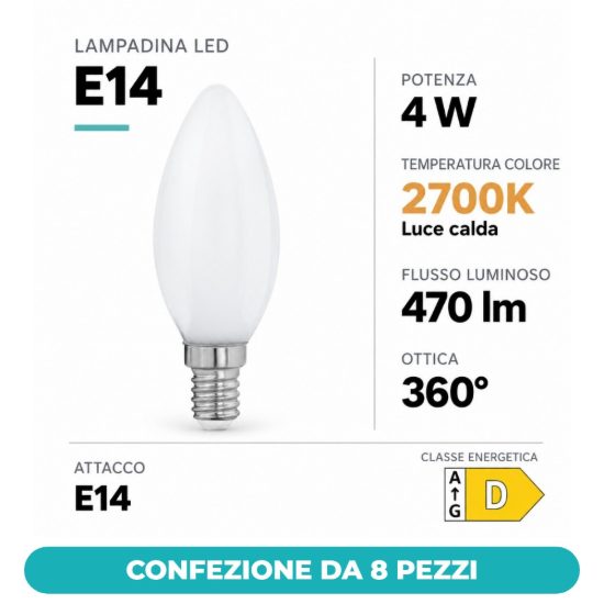 Eglo lampadina led e14 4w 2700k a candela opalina h9,8cm confezione da 8 pezzi