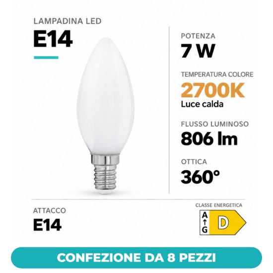 Eglo lampadina led e14 7w 2700k a candela opalina h9,8cm confezione da 8 pezzi