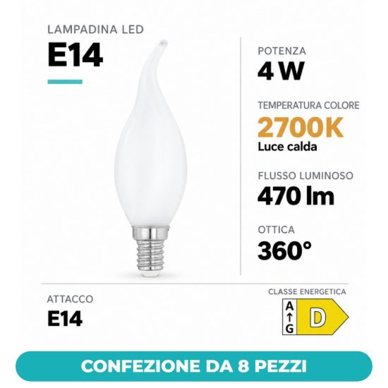 Eglo lampadina led e14 4w 2700k a candela opalina h12cm confezione da 8 pezzi