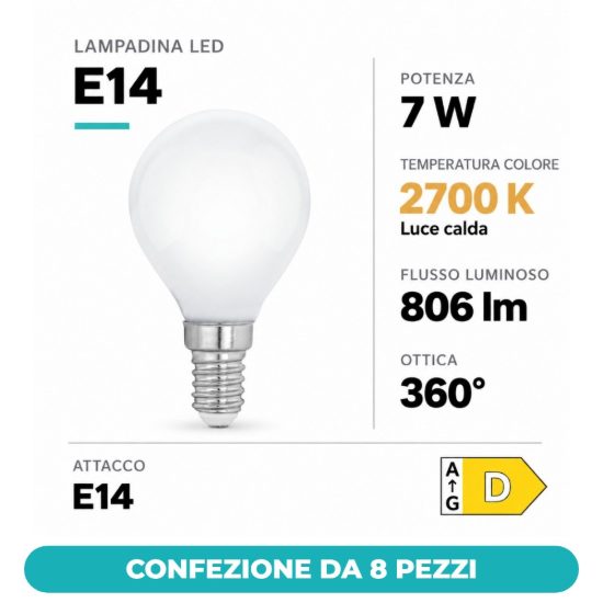 Eglo lampadina led e14 7w 2700k a sfera opalina confezione da 8 pezzi