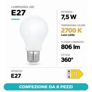 Eglo lampadina led e27 7,5w 2700k a goccia opalina dimmerabile confezione da 8 pezzi