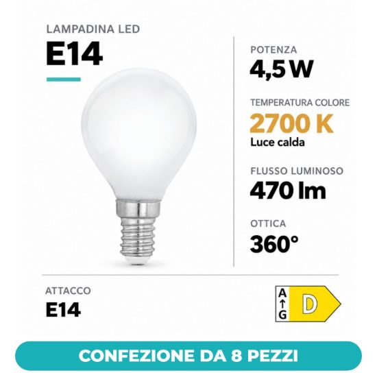 Eglo lampadina led e14 4,5w 2700k a sfera opalina dimmerabile confezione da 8 pezzi