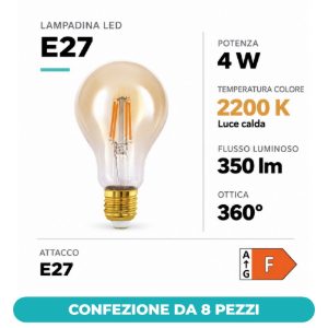 Eglo lampadina led e27 4w 2200k a goccia ambrata a filamento confezione da 8 pezzi