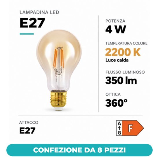Eglo lampadina led e27 4w 2200k a goccia ambrata a filamento confezione da 8 pezzi