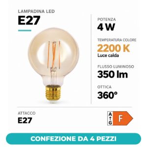 Eglo lampadina led e27 4w 2200k a globo ambrata 8cm a filamento confezione da 4 pezzi
