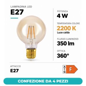 Eglo lampadina led e27 4w 2200k a globo ambrata 9,5cm a filamento confezione da 4 pezzi
