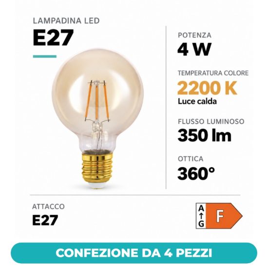 Eglo lampadina led e27 4w 2200k a globo ambrata 9,5cm a filamento confezione da 4 pezzi