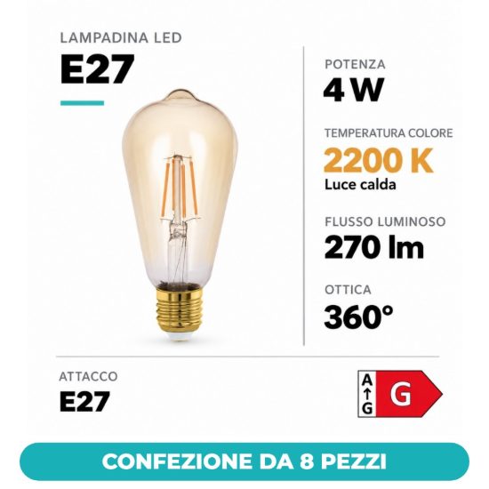 Eglo lampadina led e27 4w 2200k a oliva ambrata 4,8cm a filamento confezione da 8 pezzi