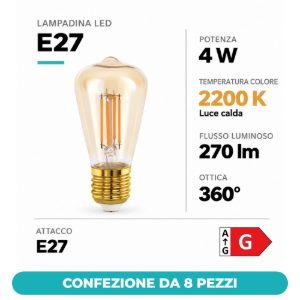 Eglo lampadina led e27 4w 2200k a oliva ambrata 6,4cm a filamento confezione da 8 pezzi