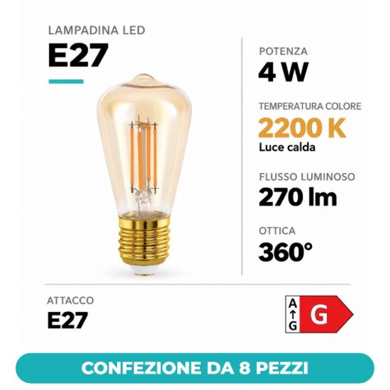 Eglo lampadina led e27 4w 2200k a oliva ambrata 6,4cm a filamento confezione da 8 pezzi