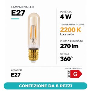 Eglo lampadina led e27 4w 2200k tubolare ambrata 3,2cm a filamento confezione da 8 pezzi
