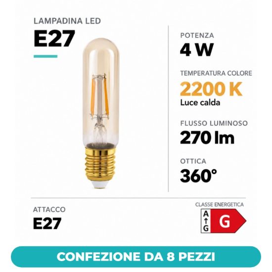 Eglo lampadina led e27 4w 2200k tubolare ambrata 3,2cm a filamento confezione da 8 pezzi
