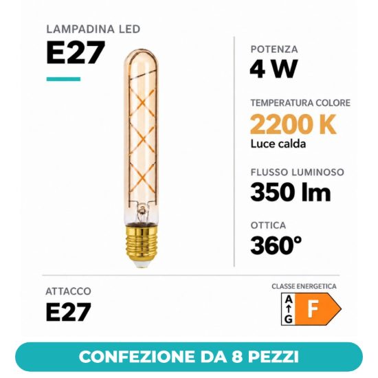 Eglo lampadina led e27 4w 2200k tubolare ambrata 3cm a filamento confezione da 8 pezzi