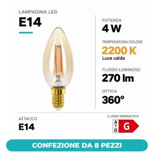 Eglo lampadina led e14 4w 2200k a candela ambrata h9,8cm a filamento confezione da 8 pezzi