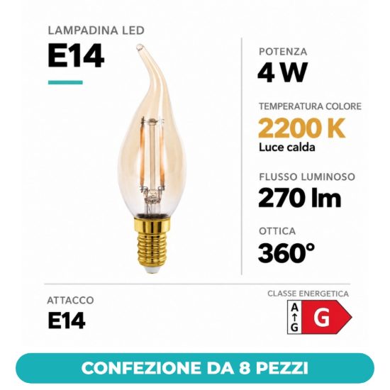 Eglo lampadina led e14 4w 2200k a candela ambrata h12cm a filamento confezione da 8 pezzi