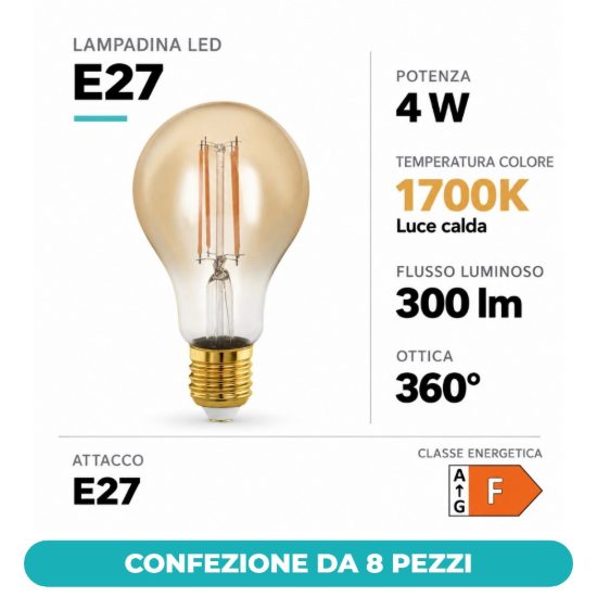Eglo lampadina led e27 4w 1700k a goccia ambrata a filamento dimmerabile confezione da 8 pezzi