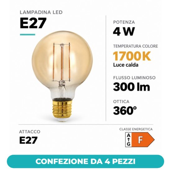 Eglo lampadina led e27 4w 1700k a globo ambrata 8cm a filamento dimmerabile confezione da 4 pezzi