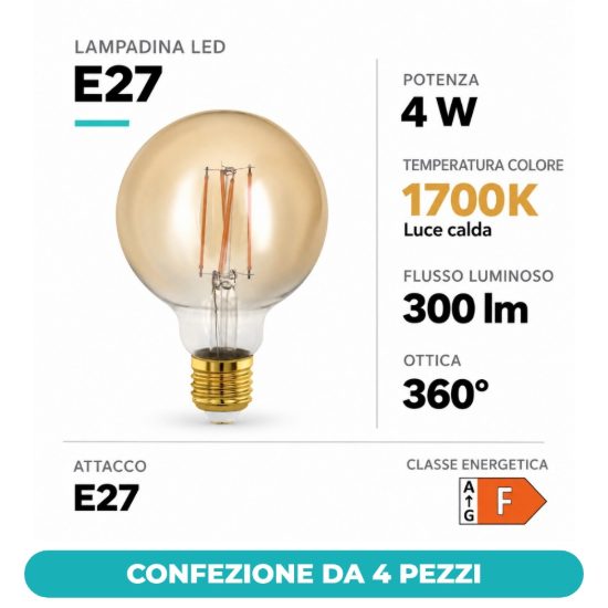 Eglo lampadina led e27 4w 1700k a globo ambrata 9,5cm a filamento dimmerabile confezione da 4 pezzi