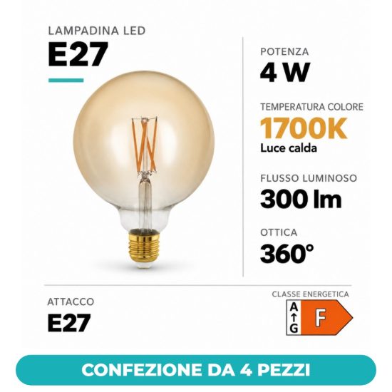Eglo lampadina led e27 4w 1700k a globo ambrata 12,5cm a filamento dimmerabile confezione da 4 pezzi