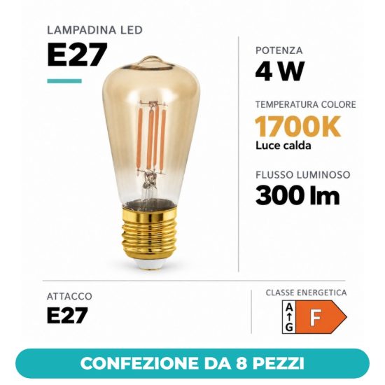 Eglo lampadina led e27 4w 1700k a oliva ambrata 4,8cm a filamento dimmerabile confezione da 8 pezzi